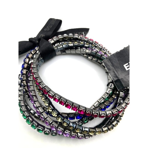 EXPRESS Multicolor Rhinestone on Grey Tone Metal Stretch Bracelets Set - Picture 2 of 6